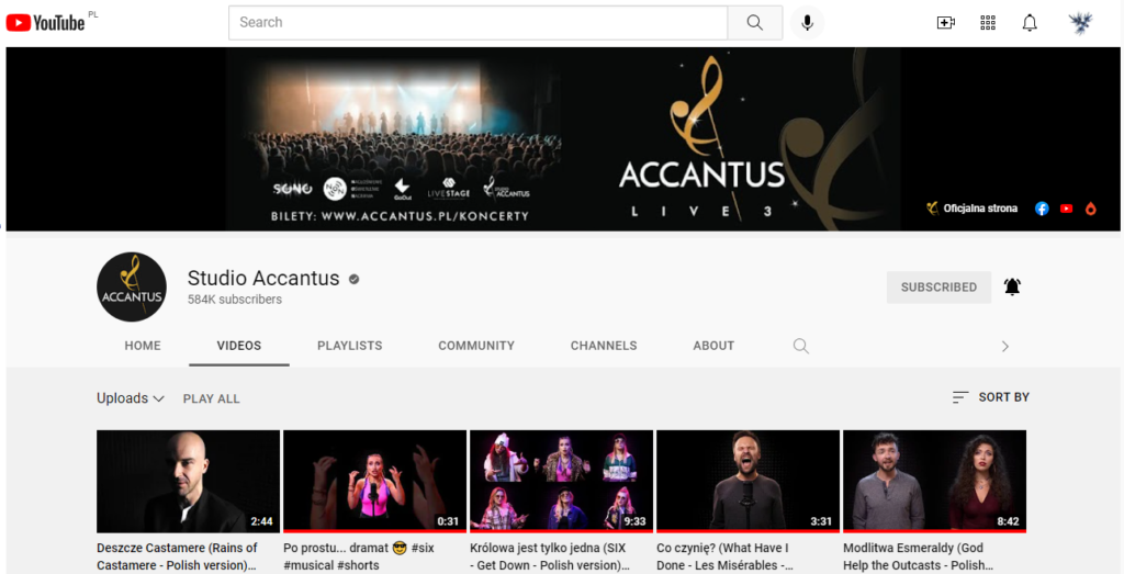 A screenshot of main page of the Studio Accantus YouTube channel.