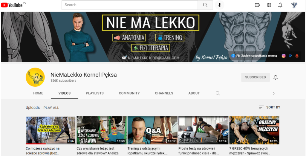 A screenshot of main page of the Nie Ma Lekko YouTube channel.