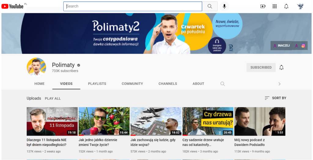 A screenshot of main page of the Polimaty YouTube channel.