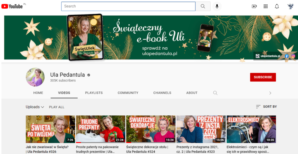 A screenshot of main page of the Ula Pedantula YouTube channel.