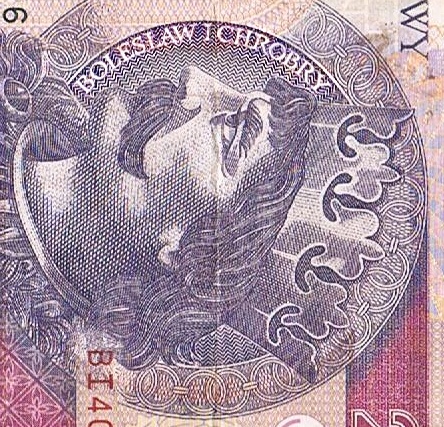 A close-up of the king's portrait from 20 PLN banknote, turned 90 degrees to the right, with the name of the king: Bolesław I Chrobry at the top.