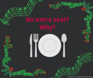 Christmas decorations and notes frame a picture of a plate. Above the text says: An extra seat? Why?