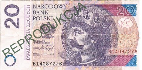 A purple Polish 20 zł banknote with the depiction of the king Bolesław Chrobry.